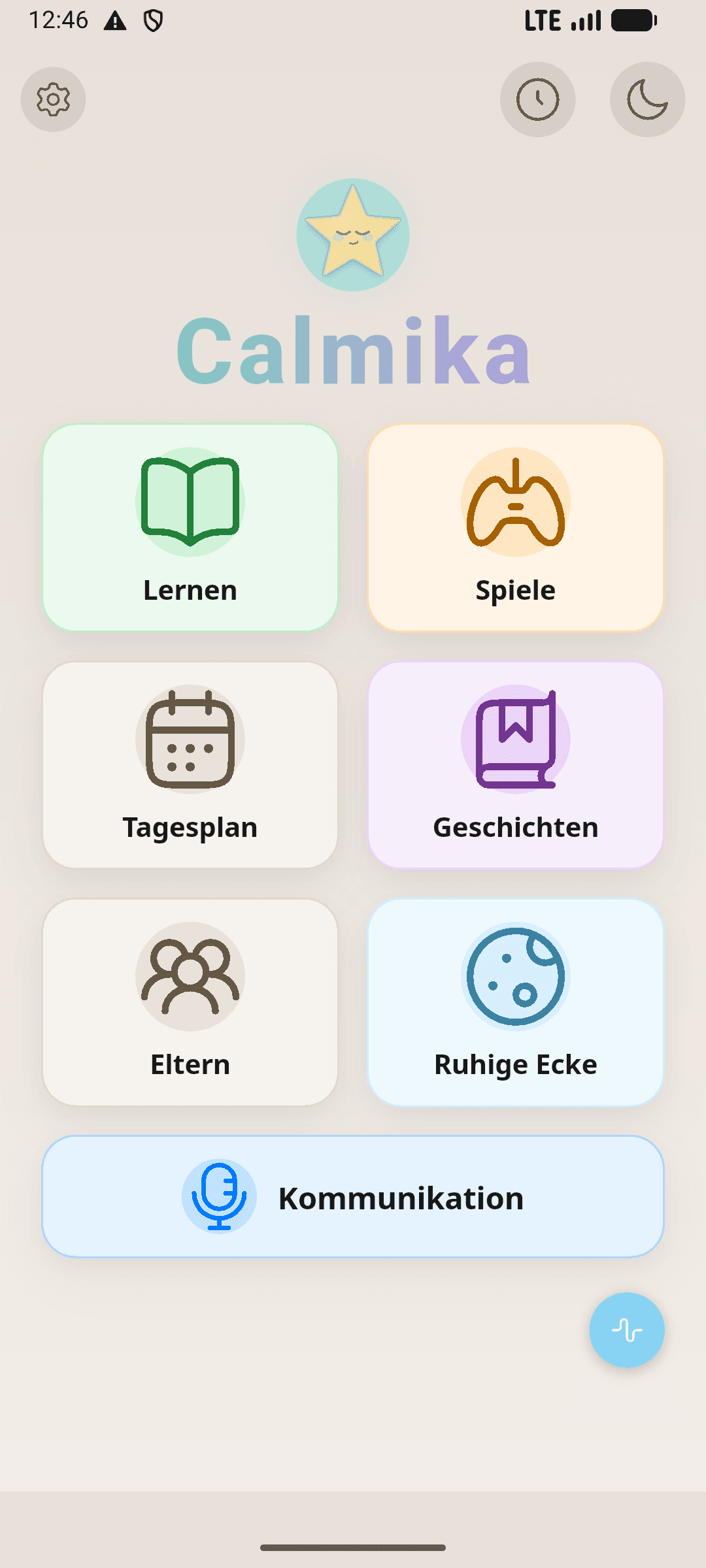 Startbildschirm der Calmika-App mit Lernmodulen