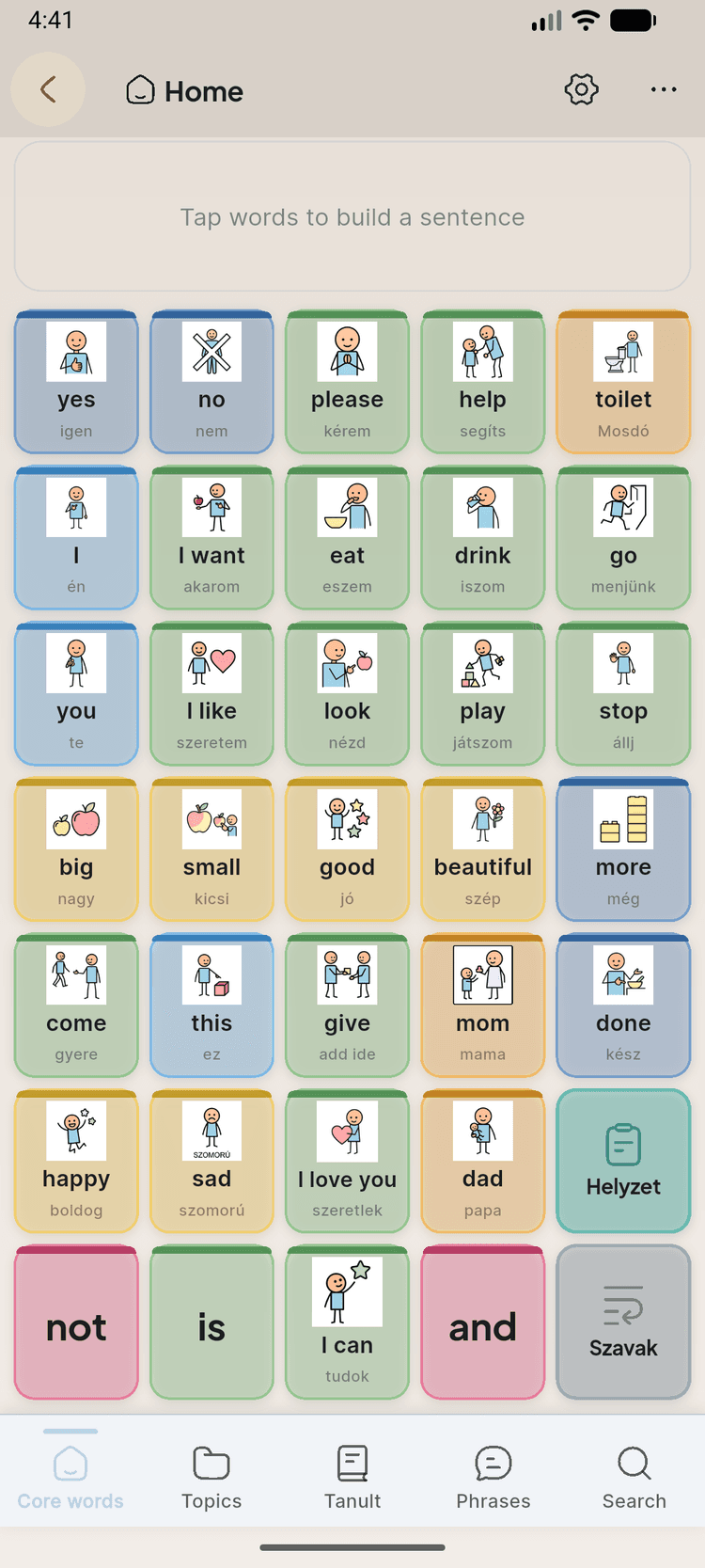 AAC kommunikációs tábla Fitzgerald Key színkódolással