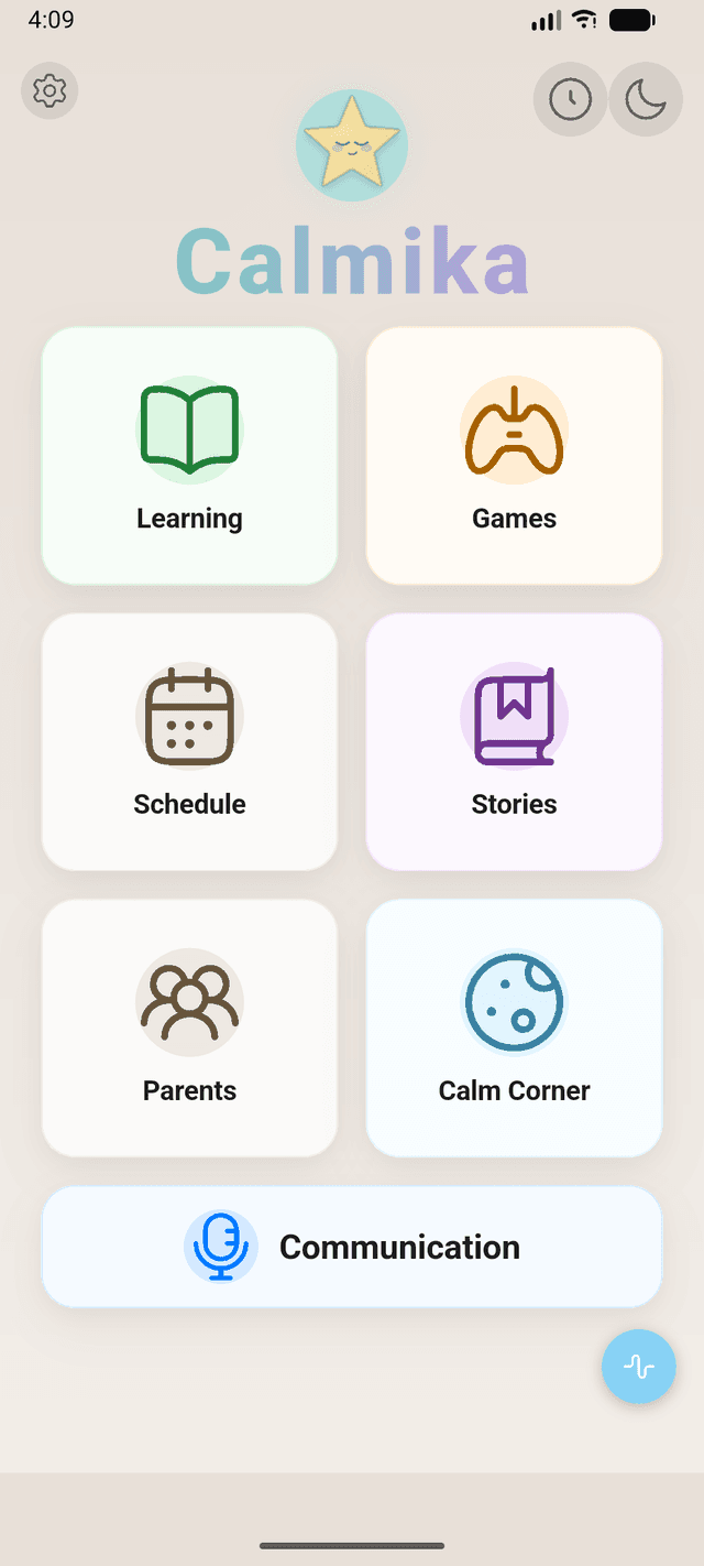 Calmika app home screen showing learning modules