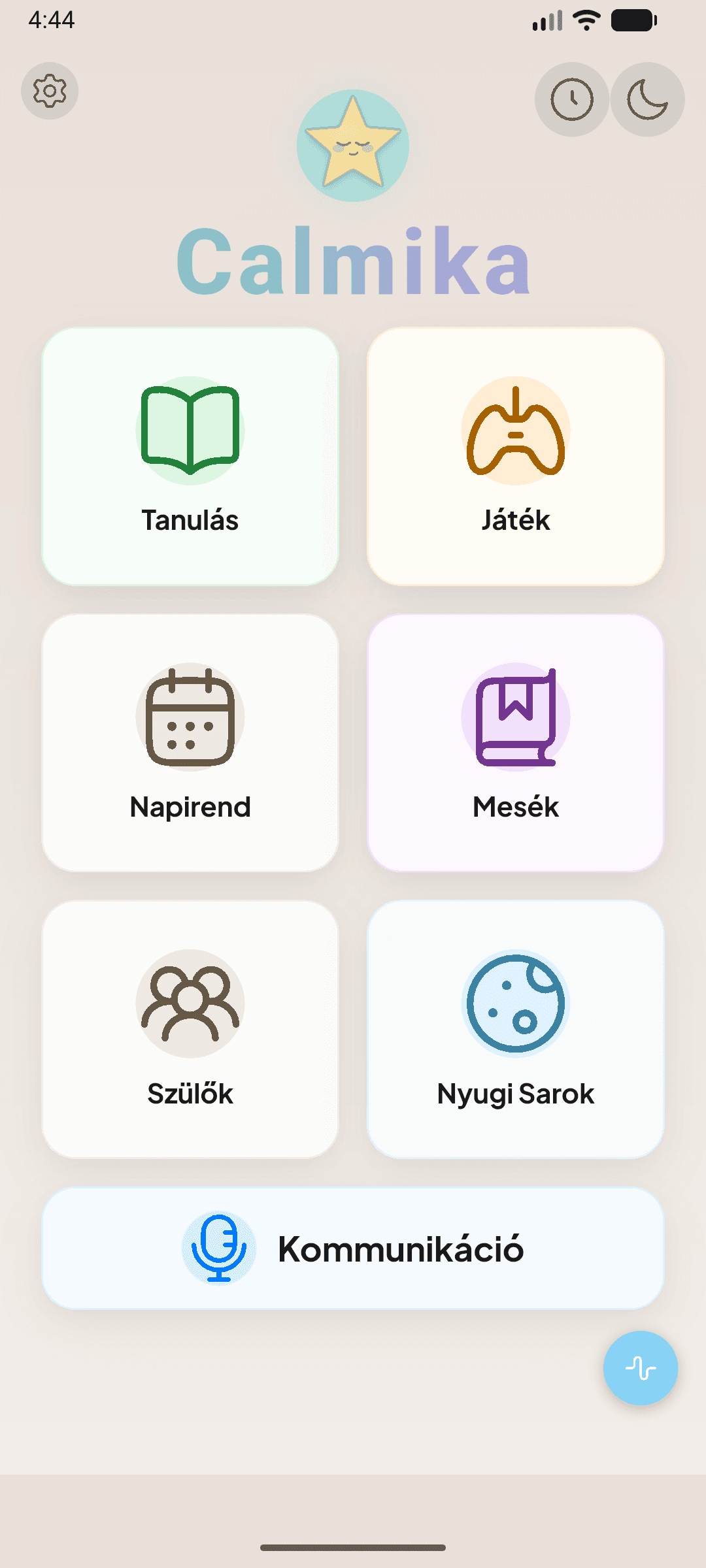 Calmika alkalmazás főoldal tanulási modulokkal