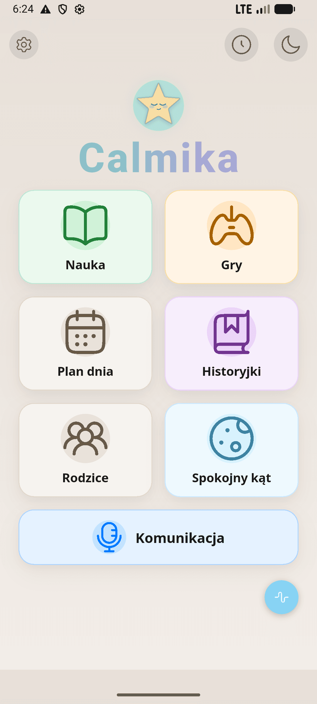 Ekran główny aplikacji Calmika z modułami edukacyjnymi